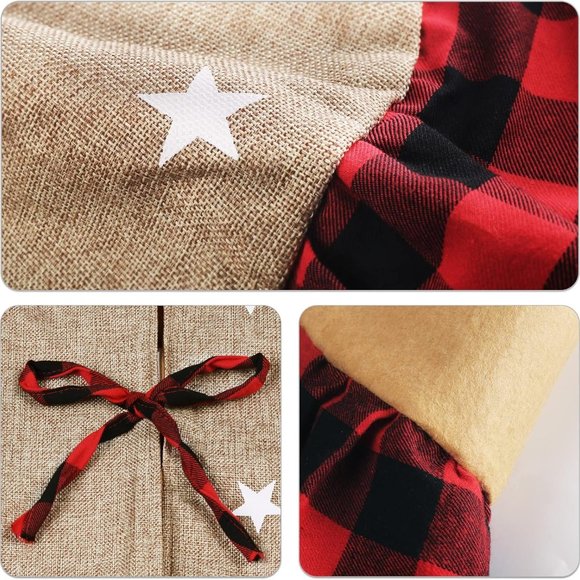 Meriwoods Burlap Tree Skirt w/Ruffled Plaid Trim Rustic "Merry Christmas" - Picture 6 of 6